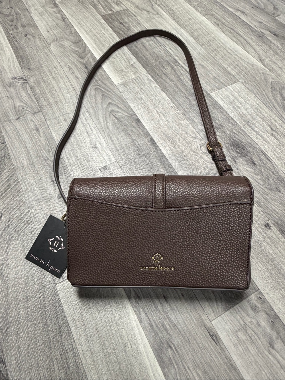 Nanette Lepore Brown Pebbled Leather Crossbody Bag with Gold Logo